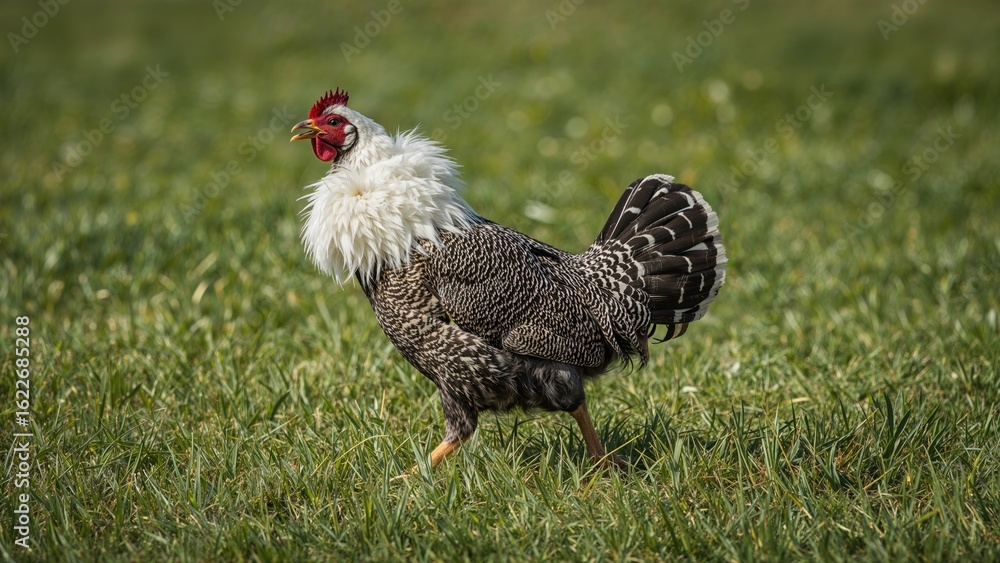 Fototapeta premium A guinea fowl bird struts through lush grass while calling out