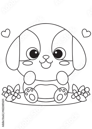 Coloring book puppy sitting happily with flowers around.