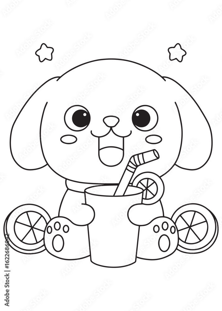 Fototapeta premium Coloring book puppy drinking juice with orange slice.