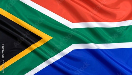 South African flag featuring a green Y-shape bordered by white, red upper field, blue lower field, and a black triangle edged in yellow, symbolizing unity and cultural diversity