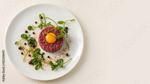 Fototapeta Naklejka Na Ścianę i Meble -  Modern presentation of gourmet raw beef tartare featuring egg, arugula, and capers on a stylish dish with room for copy