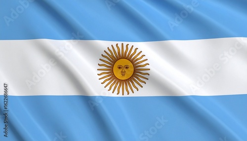 Argentine flag with three horizontal bands of light blue, white, and light blue, featuring a centered yellow Sun of May with a face, symbolizing independence and national pride