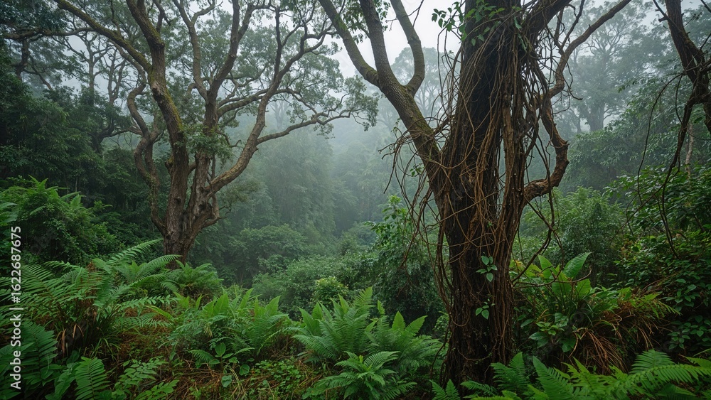 Naklejka premium Thick jungle enveloped by morning haze