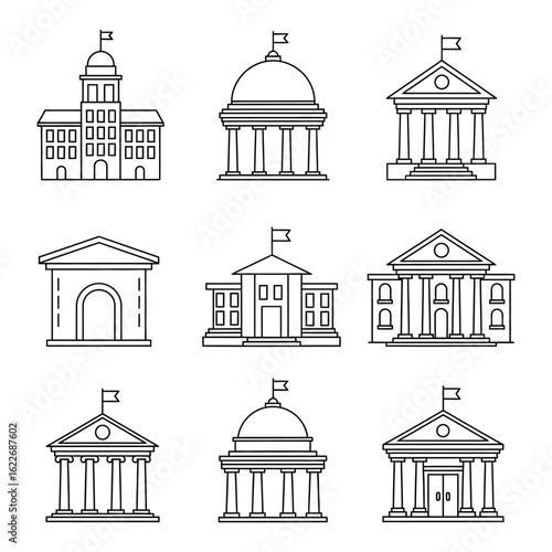 Collection of nine simple line art government buildings and institutions courthouse capitol building