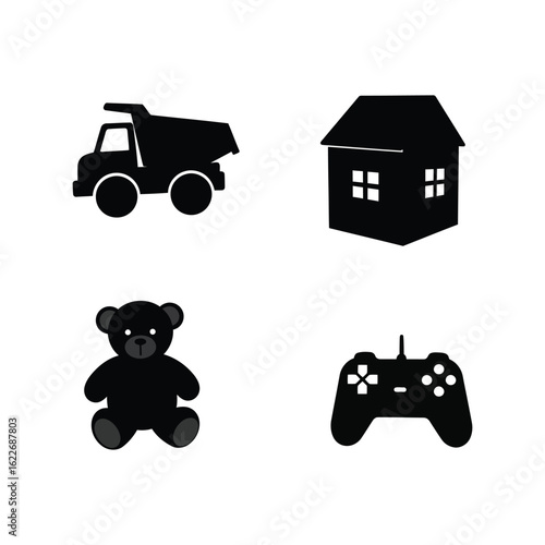 Set of children's toy icons, dump truck, teddy bear, and game controller