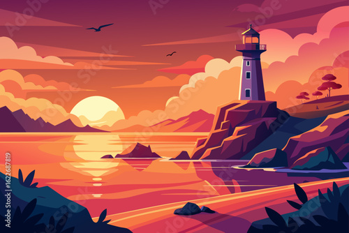 A vibrant sunset casts a warm glow over a lonely lighthouse silhouette on a rocky coastline