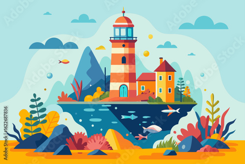 A vibrant cartoon fairy tale castle stands tall on a seaside cliff, with its medieval towers reaching into the night sky