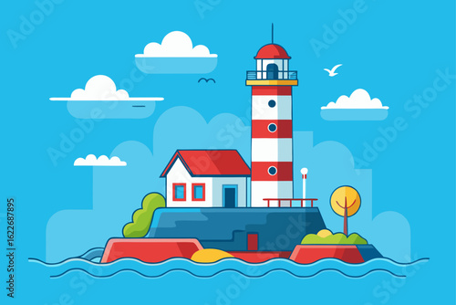 A towering white lighthouse stands on a rocky coast, its beacon casting a guiding light across the turbulent Atlantic ocean