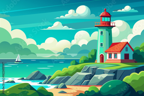 A white lighthouse tower navigates the coastline, casting its light across the sea under a dramatic sky