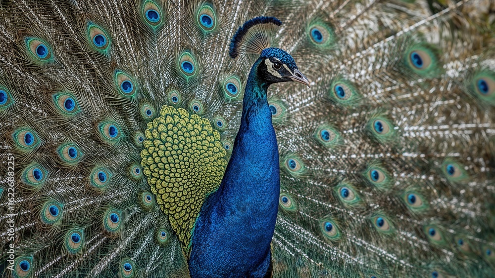 Obraz premium Male peacock flaunting striking blue and green tail feathers
