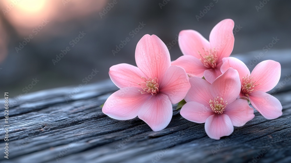 Fototapeta premium Delicate pink magnolia blossoms on weathered wood, soft light