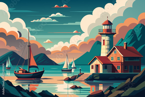 A classic white lighthouse stands on a rocky coast at sunset, its beacon casting a light over the tranquil sea and the vast expanse of the sky