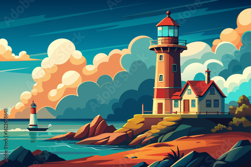 A historic white lighthouse stands as a beacon of safety on a rocky coast at sunset, its architectural beauty illuminated against the vibrant sky and vast ocean