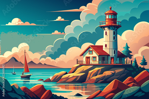 A white lighthouse stands on the coast at sunset, its beacon a lone light against the dramatic sky and ocean landscape