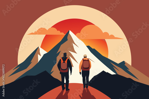 Two Hikers Climbing Mountains at Sunset Adventure, Backpacking, Outdoor, and Travel Illustration