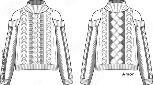 Cold shoulder sweaters, cable knit design, winter fashion apparel, trendy vector illustration, stylish knitwear drawing, CAD fashion technical sketch