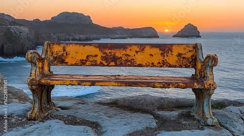 Rusty bench overlooking the ocean at sunset.
