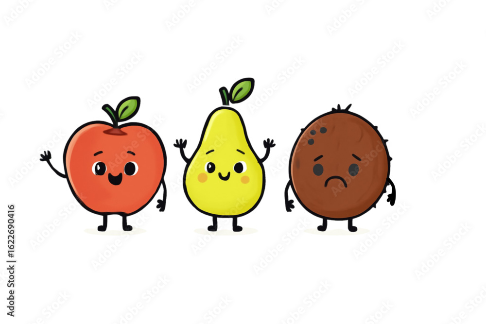 Obraz premium Cute cartoon fruits smiling and frowning on white background 
