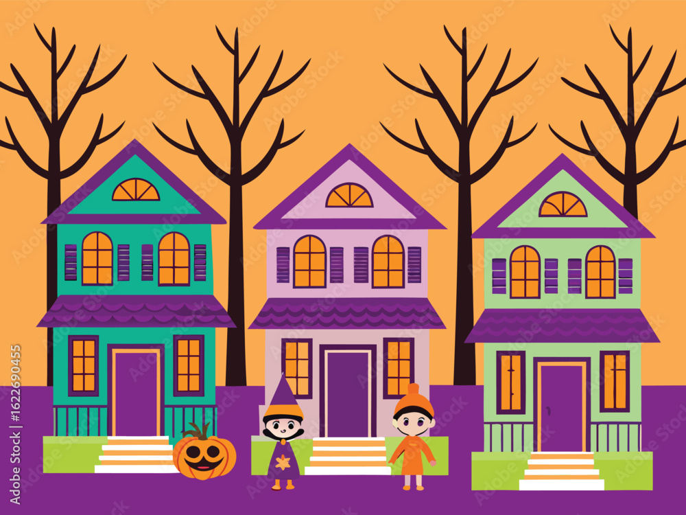 Fototapeta premium Full Halloween Village Scene with Decorated Houses, Pumpkins, Trick-or-Treat Kids, and Spooky Trees – Vibrant 4:3 Vector Illustration