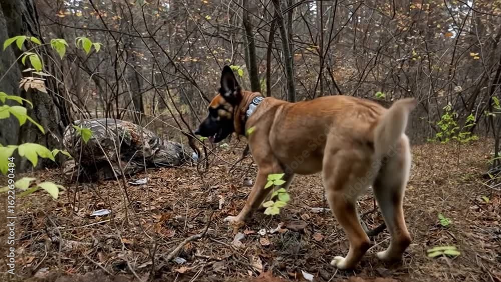 Belgian Malinois Dog in Forest, Tracking Exercise Belgian Malinois Dog in Forest, Tracking Exercise