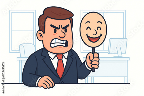 Angry businessman holding a smiling mask in office setting  