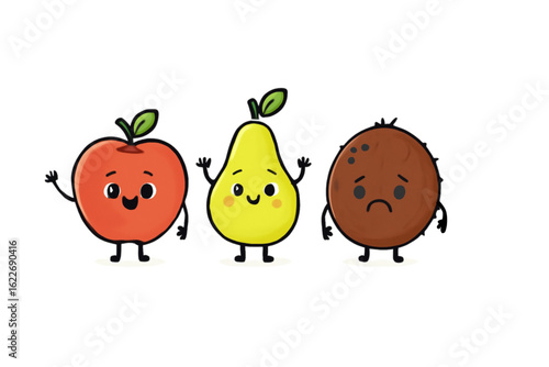 Cute cartoon fruits smiling and frowning on white background  