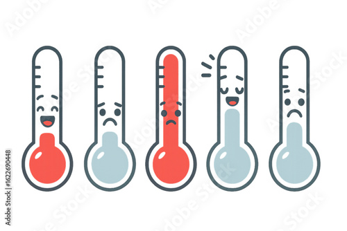 Cartoon thermometers showing various emotions and temperatures  