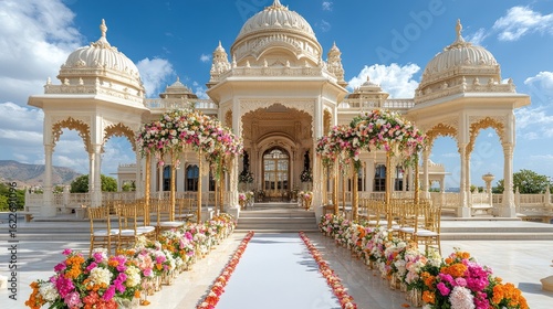 Elegant wedding venue with ornate beige architecture and vibrant floral arrangements