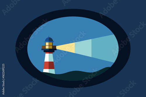 A white and red lighthouse stands as a beacon of safety on the coast against a blue night sky