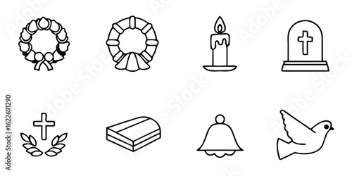 Symbols of mourning including wreath, candle, and cross  