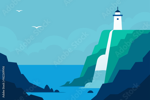 A classic coastal landscape featuring a beacon of light on a rocky cliff overlooking the sea