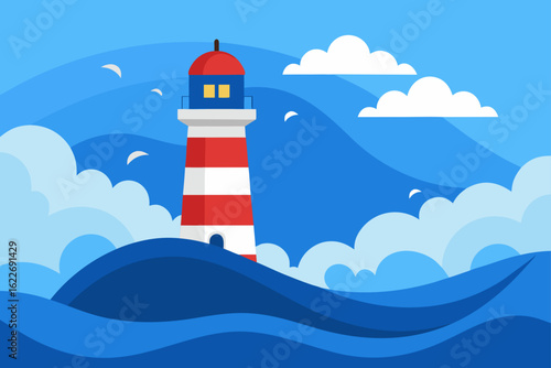 Coastal navigation beacon, a white lighthouse tower standing tall under a blue sky, guides ships through the deep sea