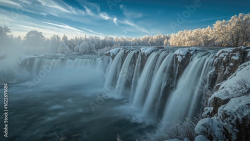 Winter view of a cascading waterfall
