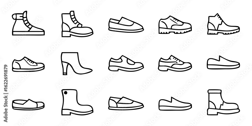Obraz premium Collection of various shoe styles in minimalist line art design 