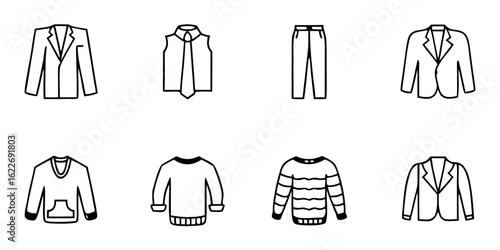 Clothing icons in black and white line art style  
