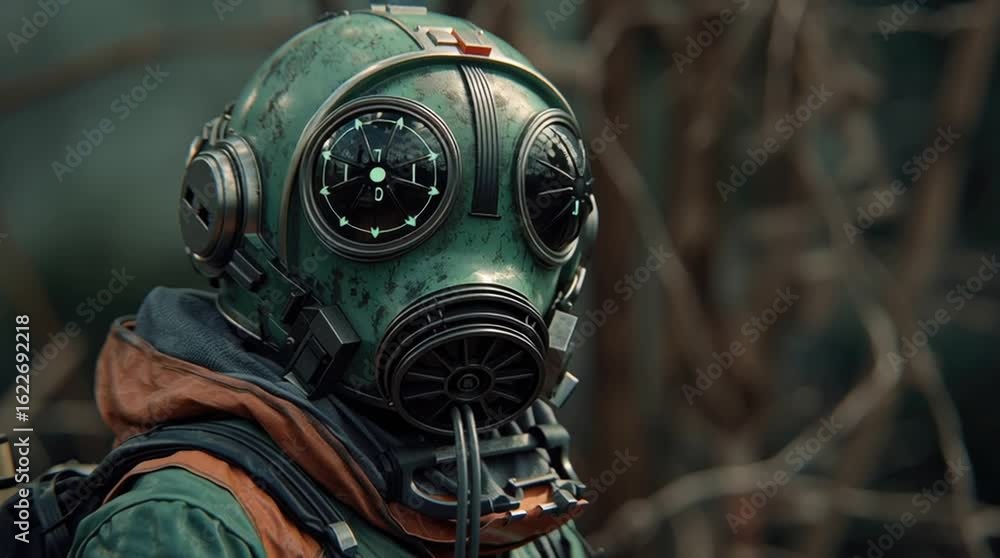 Close-up of a futuristic gas mask in a forest Close-up of a futuristic gas mask in a forest