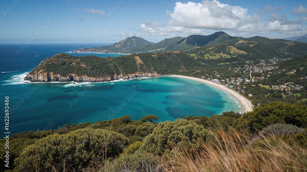 Obraz premium An impressive aerial snapshot showcasing a bay nestled inside a famous World Heritage location in the Pacific area.