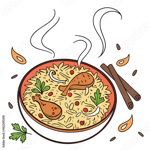 A bowl of chicken rice with spices and herbs isolated on white background