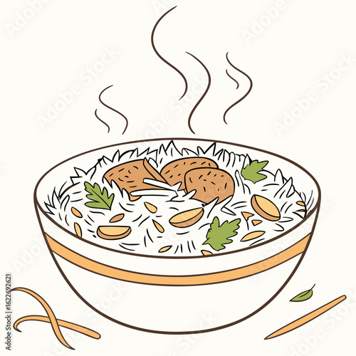 A bowl of rice with meatballs and herbs isolated on white background