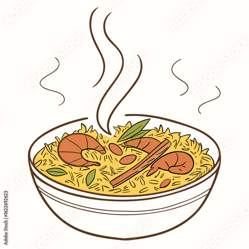 A bowl of shrimp rice with spices and herbs isolated on white background