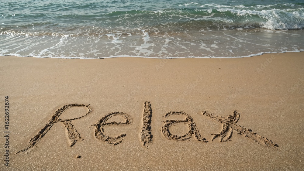 Fototapeta premium Words drawn in sand beside tranquil waters for a relaxing moment