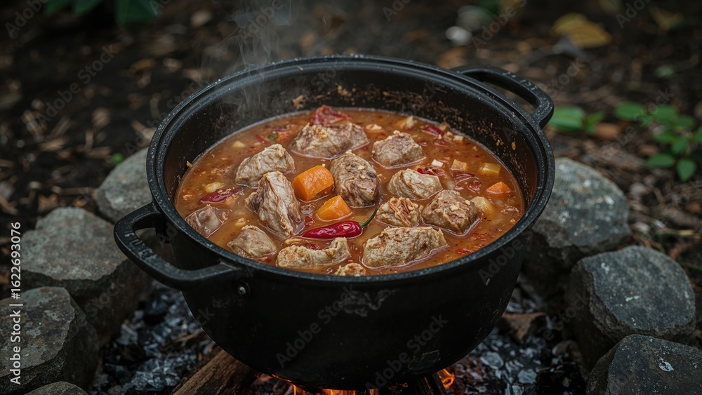 Hearty spicy meat soup simmered in a traditional pot