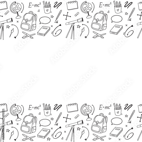 Back to school. Abstract blackboard. Black and white seamless border pattern with school supplies in doodle style on white background. Sketchy background with hand drawn school elements. Design for