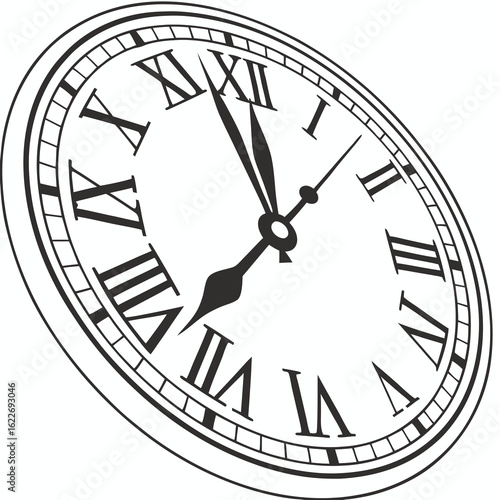 Antique clock face with roman numerals isolated on white background