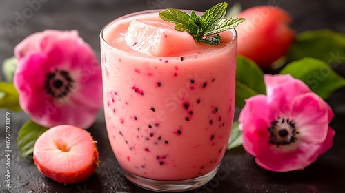 Wallpaper Mural Pink smoothie in a glass, garnished with mint leaves. Torontodigital.ca
