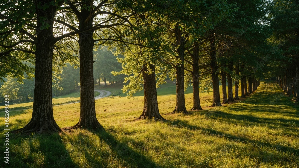 Obraz premium Natural forest environment showcasing sunlight and shaded areas over trees and grassy ground