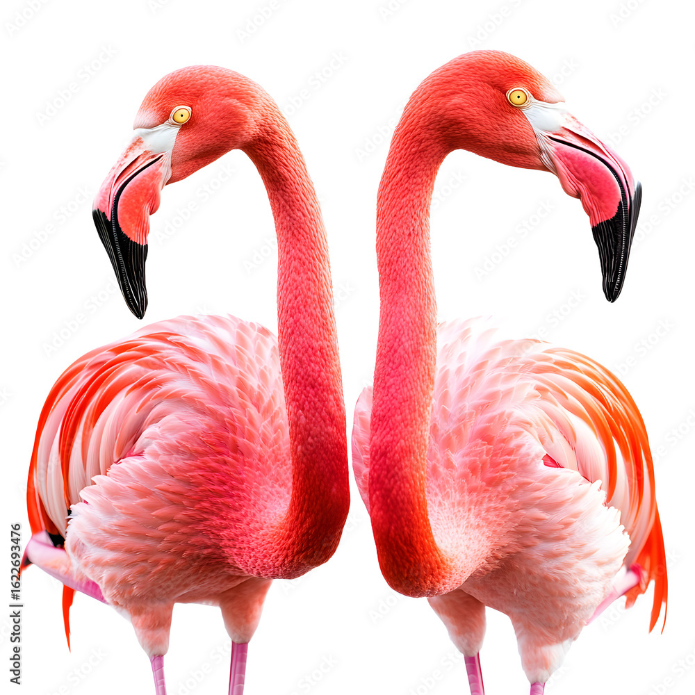 Fototapeta premium Three Flamingos Close Together on Transparent Background