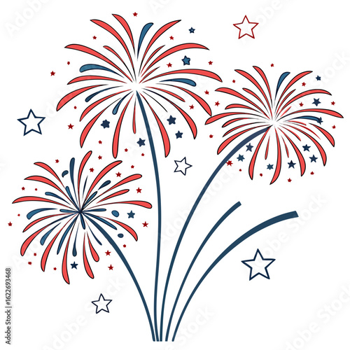 Festive fireworks display with stars isolated on white background