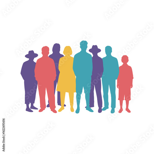 Diverse group of people silhouette vector. Different colorful adults with hats, teamwork, collaboration, and community concept.