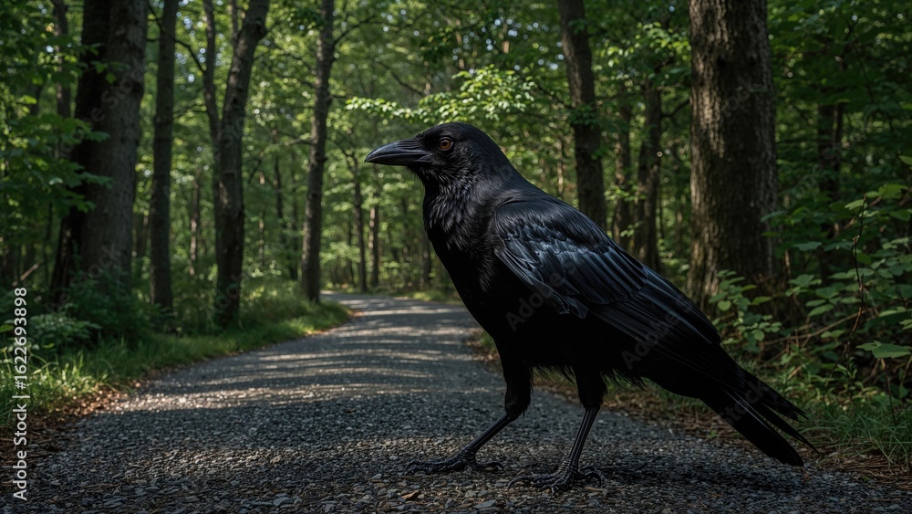 Fototapeta premium Large black bird (Corvus corax) navigating a gravelly trail